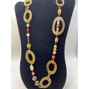 Chunky Gold-Tone Long Necklace With Acrylic Links Beaded Accents & Lobster Clasp
